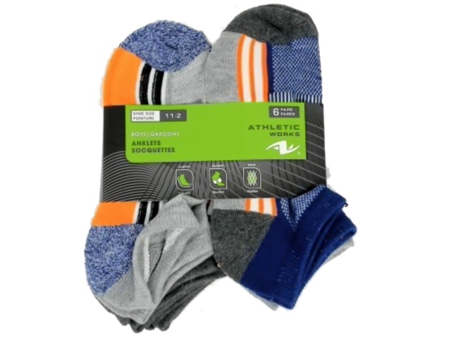 Socks Boys Anklets 6pk. Size 11-2 Ass\'t Colours Athletic Works