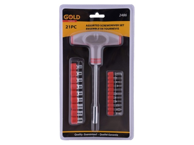 Screwdriver T-handle with Assorted bits and sockets - 21 pcs
