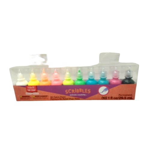 3D Fabric Paint 10pk. Neon Ass't Colours 29.5mL Permanent Scribbles