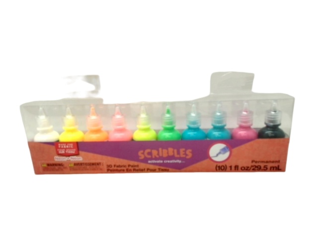 3D Fabric Paint 10pk. Neon Ass\'t Colours 29.5mL Permanent Scribbles