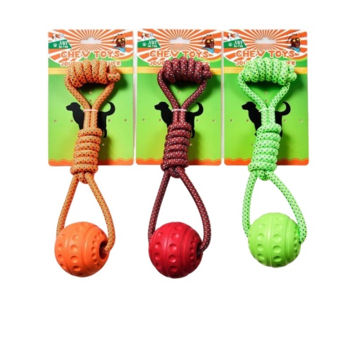 PET CHEW TOY BALL W/ROPE KNOT 3 ASST'D COLORS