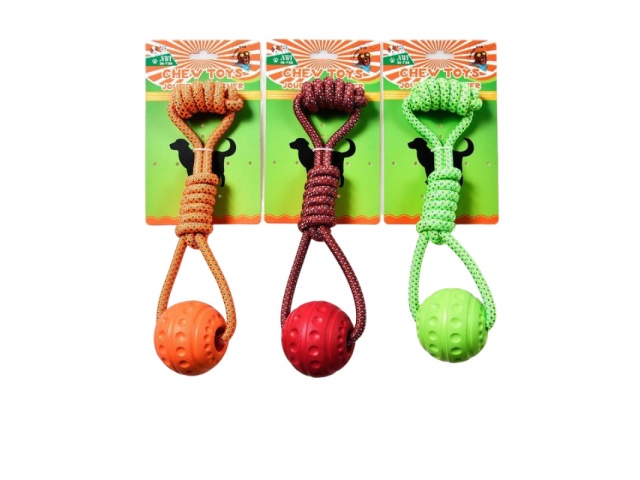 PET CHEW TOY BALL W/ROPE KNOT 3 ASST\'D COLORS