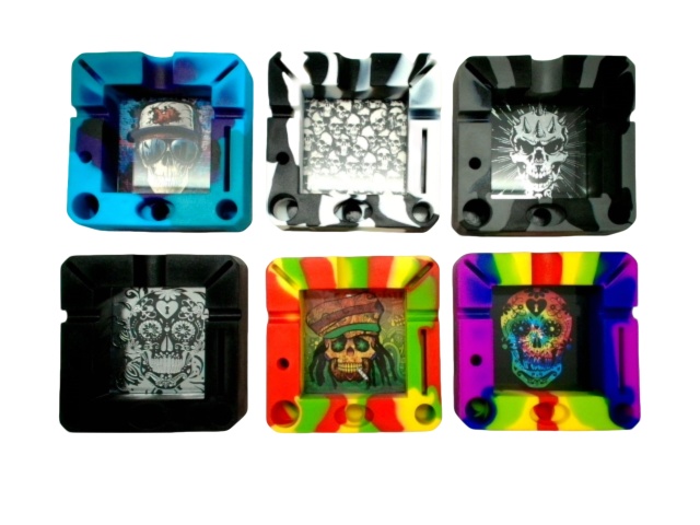Ashtray Silicone w/Glass 4.5 Square Assorted\