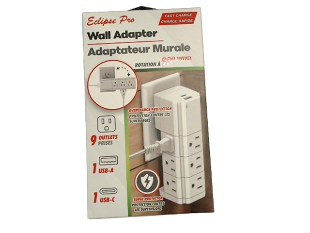 Wall adapter 9 outlets 1 USB-A 1 USB-C fast charge - 90 degree swivel