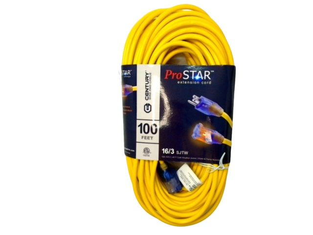 Extension Cord 100\' Yellow 16/3 SJTW Lighted Ends Prostar Century(endcap)