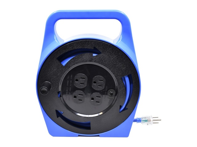 Extension Cord Indoor In Plastic Reel SJT 16 / 3 4-Tap GFI Blue 25ft