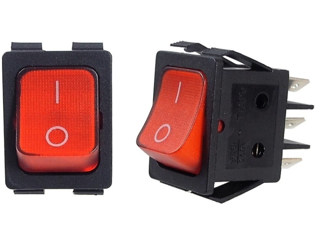 Red Rocker Switch ON-ON 16A  / 250V AC D.P.D.T. 6 pins
