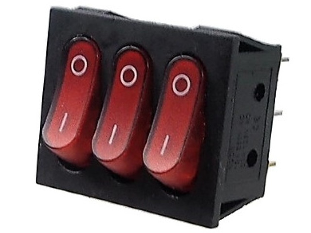 Red Rocker Switch Triple ON-OFF 20A / 125V AC  or 15A / 250V 3.P.D.T. 9 pins