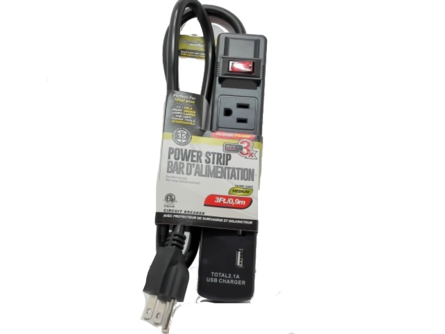 Power bar 3 foot 3 prong 3 outlet 2 usb 14/3
