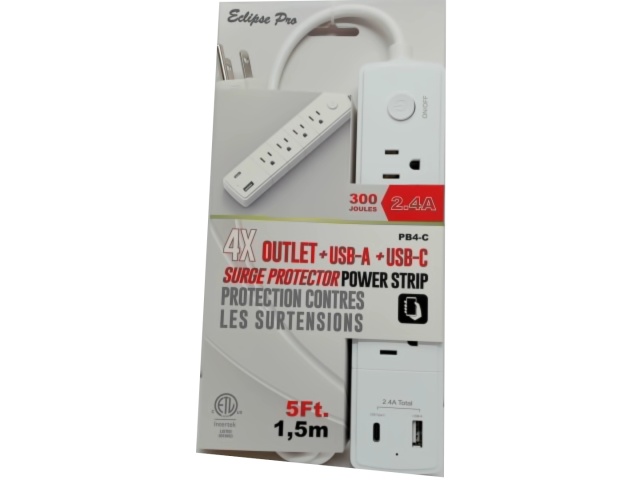 Power bar with surge protector 4 outlet USB-A Type-C® with 5 foot cord
