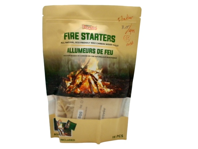 Firestarters 15 Pack All Natural Eco Friendly Wax Carbon Wood Rolls