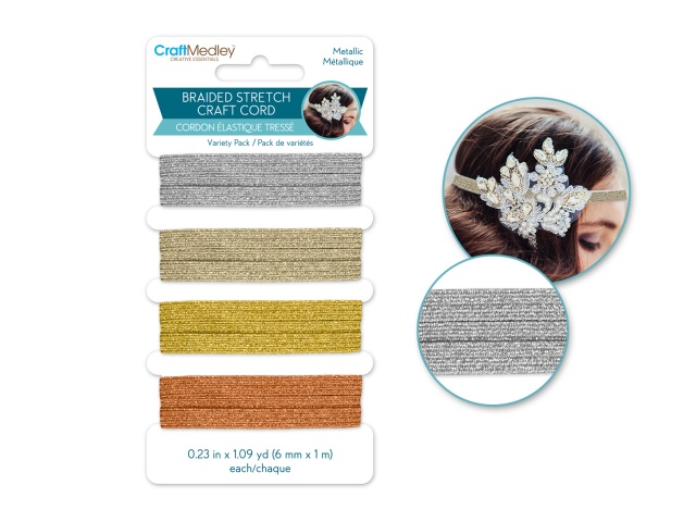Craft Medley: 6mm X 4m Braided Stretch Craft Cord (4x1m) C) Metallic Mix