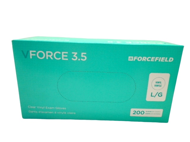 Vinyl Exam Gloves Clear 200pk. Large Vforce 3.5 Forcefield