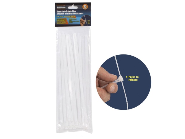 Cable Ties Reusable 15-PC, 8mmx11.8, White Home Essentials\