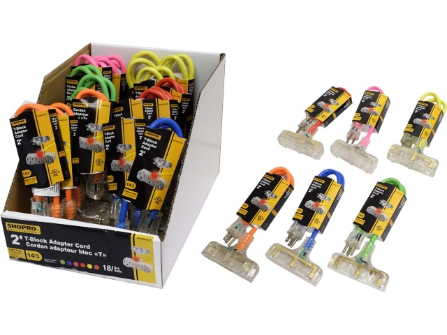 Extension cord 14/3 t-bar 2 foot 3 outlet lighted assorted colours