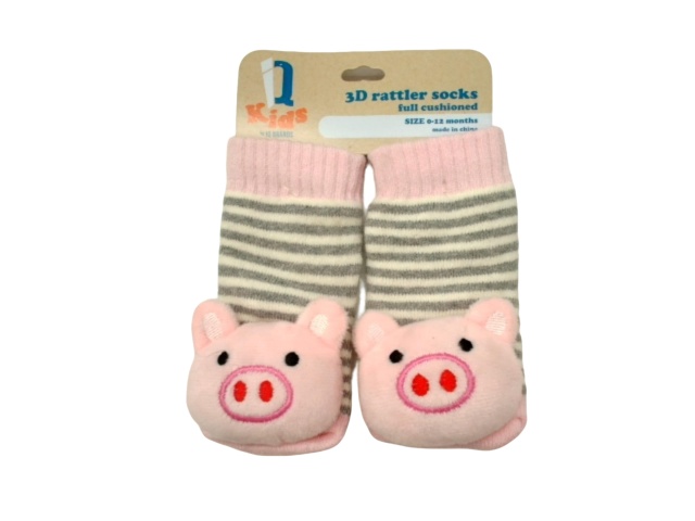 3D Rattler Baby Socks Pig Full Cushioned 0-12 Months IQ Kids (Or 3/$9.99)
